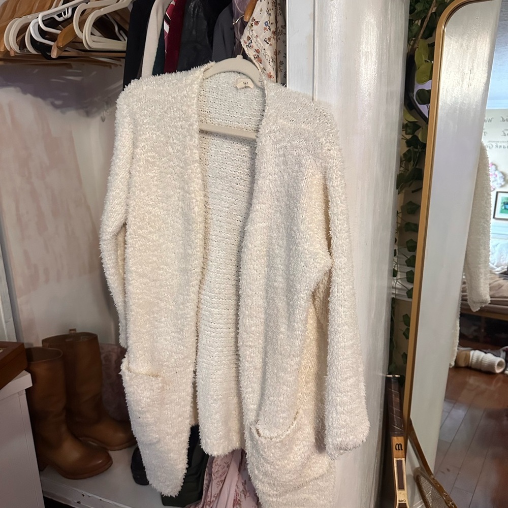 Debut Cream Cardigan Sweater with Fluffy Knit and Open Front Design